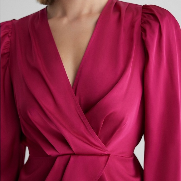 NWT Express Pink Satin Puff Shoulder Draped Faux Wrap Top - Picture 2 of 9